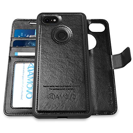 AMOVO Pixel 3 Wallet Case [2 in 1] Google Pixel 3 Case Wallet [Detachable Folio] [Kickstand] [Card Slot] [Magnetic Clasp] Flip Case Cover for Google Pixel 3 with Gift Box Package (Pixel 3, Black)