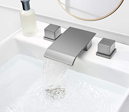 Pasutewel 3 Hole Double Square Handles Waterfall Bathroom Sink Faucet, Suitable for 8 Inches Widespread Basins Faucets, Solid Brass Valve (Brushed Nickel)
