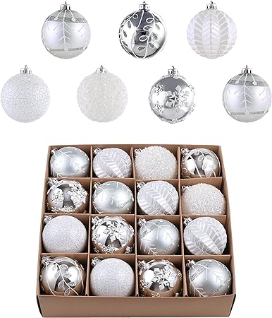 Valery Madelyn Ornaments for Christmas Trees, 16ct White and Silver Shatterproof Christmas Tree Decorations, 3.15 Inches Winter Wonderland Forest Hanging Ball Ornaments Bulk for Xmas Holiday Decor