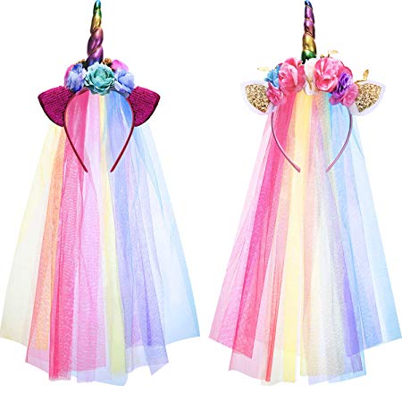 Boao 2 Pieces Rainbow Unicorn Headband with Colorful Tulle for Girls Teens Toddlers Children Party Hairbands (Style 1)