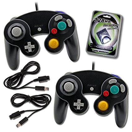 2 Black GameCube Wii Wired Joypad Controllers with Extension Memory Card Bundle