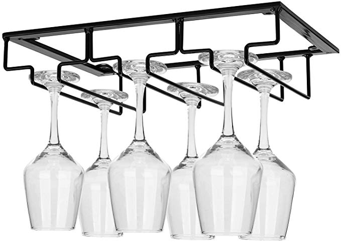 DEFWAY Wine Glass Rack - Under Cabinet Stemware Wine Glass Holder Glasses Storage Hanger Metal Organizer for Bar Kitchen (Singal Pack Black)