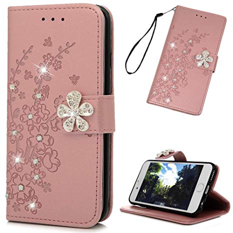 Compatible for iPhone 6 Case, iPhone 6S Case, MOLLYCOOCLE Wallet Bling Diamond Flower Premuim PU Leather Soft TPU Bumper Flip Slim Magnetic Kickstand Card Slots Cover for iPhone 6/6S Case, Rose Gold