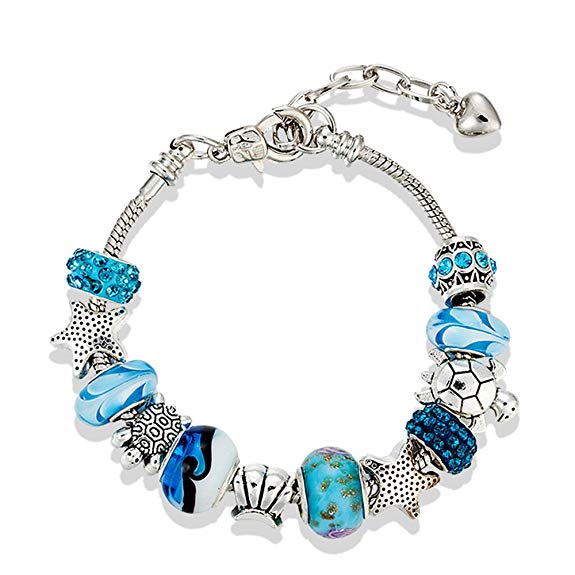 European Ocean Beach Charm Beaded Adjustable Chain Bracelet 7.5 Inch   1.5" for Women and Teen Girls Sea Starfish Turtle Shell Aquamarine Murano Glass Beads Prime Quality Gift 925 Silver Plated