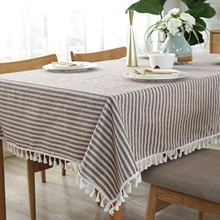 Lahome Stripe Tassel Tablecloth - Cotton Linen Table Cover Kitchen Dining Room Restaurant Party Decoration (Rectangle - 55" x 70", Coffee)