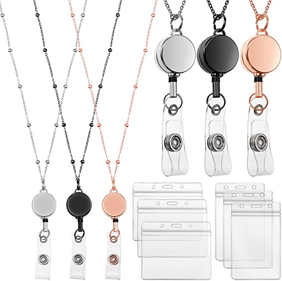 Retractable Badge Reel Lanyard with ID Holder, 3 Pieces Beaded Badge Lanyard Necklace with 6 Waterproof Name Card Holder Stainless Steel ID Holder Necklace for Women Men (Rose Gold, Black, Silver)