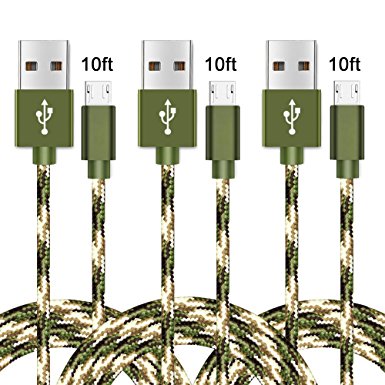 Vanzon Micro USB Cable,3Pack 10FT Long Nylon Braided High Speed Android Charger USB to Micro USB Cable Samsung Fast Charger Charging Cord for Samsung Galaxy S7 Edge/S6/S4/Note 5/4-Camo Green