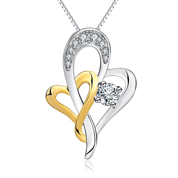 Two-Tone Sterling Silver Cubic Zirconia Double Heart Pendant Necklace,18"
