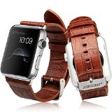 Apple Watch BandJS Genuine Leather Strap Alligator Pattern Wristband With Free Adapters for Apple Watch Sport Edition 38mm- iWatch Replacement Band with Metal Clasp in Brown JS-AW3-05V20