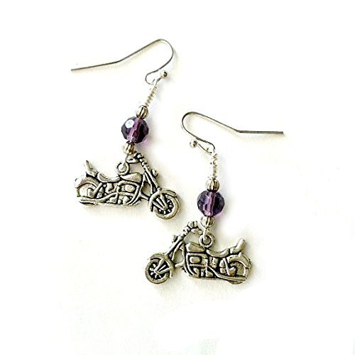 Motorcycle earrings dangling with purple crystal Handmade Gift by Aunt Matilda