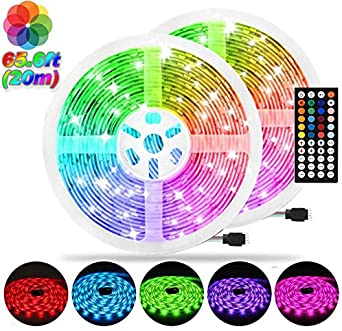 AveyLum 65.6ft LED Strip Light RGB Flexible Rope Lights 5050 SMD 600 LEDs Non Waterproof IP20 20M Tape Light with 44 Keys Wireless Controller and 24V Power Adapter for Home Kitchen Party TV Deco