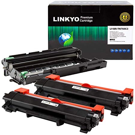 LINKYO Compatible Toner Cartridge and Drum Unit Replacement for Brother TN760 TN-760 DR730 (2 Black Toner, 1 Drum Unit)
