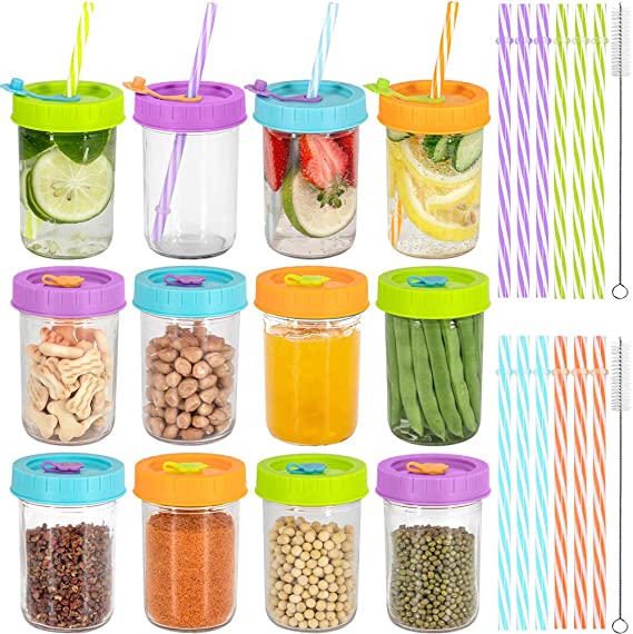 Glass Mason Jars Regular Mouth 12Pc, 8 oz Drinking Jars with Airtight Lids, Bands and Straws, Great for Canning, Drinking, Meal Prep, Food Storage, Dry Food, Baby Food, Jelly, Jam,Spices,Salads,Yogurt