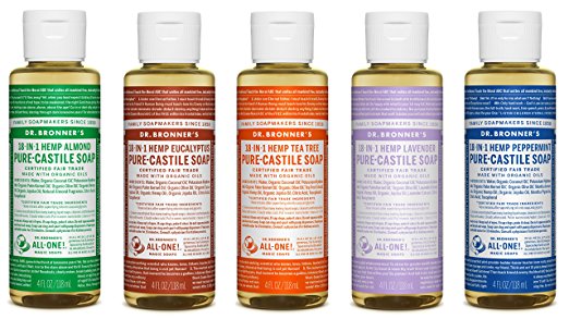 Dr. Bronner’s 4 oz. Sampler- 5 Piece Gift Set. (5) 4 oz. Castile Liquid Soaps in Almond, Eucalyptus, Tea Tree, Lavender, and Peppermint