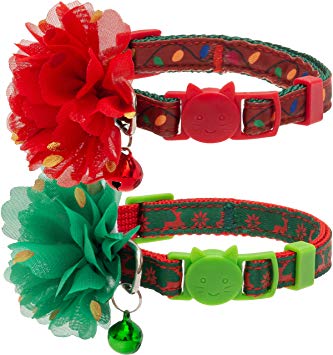 CHERPET Christmas Cat Collar with Bell - Breakaway Adjustable Safety Santa Claus & Tree/Snowman & Tree - Elk/Flowers Personalized Cute Collars Set Holiday Decoration for Cats/Small Animals Pets