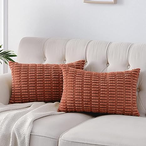 Fancy Homi 2 Packs Rust Decorative Throw Pillow Covers 12x24 Inch for Living Room Couch Bed Sofa, Rustic Farmhouse Boho Home Decor, Soft Striped Corduroy Rectangle Cushion Case 30x60 cm