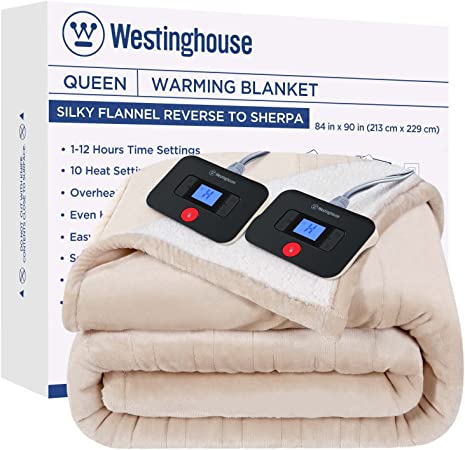 Westinghouse Electric Blanket Heated Blanket | 10 Heating Levels & 1 to 12 Hours Heating Time Settings | Flannel to Sherpa Reversible 84x90 Queen Size | Machine Washable, Beige