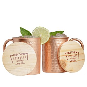Advanced Mixology Moscow Mule 100% Pure Copper Mugs (Set of 2)- 16 Ounce with 2 Artisan Hand Crafted Wooden Coasters (No Lacquer-Classic)