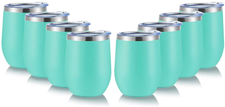 DOMICARE Insulated Wine Tumbler with Lid (8 Pack, Light Blue) - 12 OZ Stemless Double Wall Vacuum Traval Mug - Keeping Cold & Hot for Wine, Coffee, Cocktails, Drinks