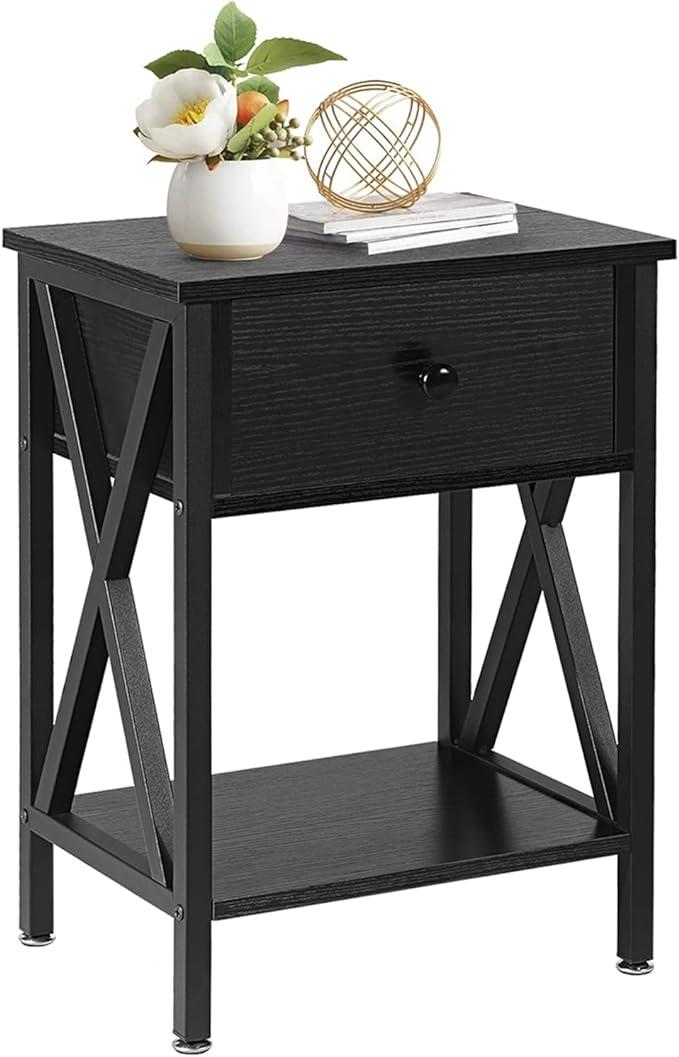 VECELO Nightstand, Modern Bedside End Table, Night Stand with Drawer and Storage Shelf for Living Room Bedroom, Industrial Metal Frame, 1 Pack, Black