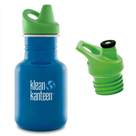 Klean Kanteen 12 oz Stainless Steel Water Bottle with 2 Caps (Kid Kanteen Sippy Cap and Sports Cap 3.0 in Bright Green) - All Colors (Sky Diver)