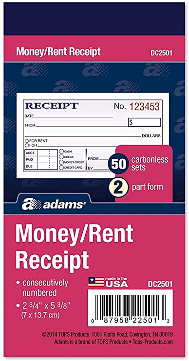 Adams Money and Rent Receipt, 2-3/4 x 5-3/8 Inches, 2-Parts, Carbonless, White/Canary, 50 Sets per Book, 9 Books (DC2501-9))