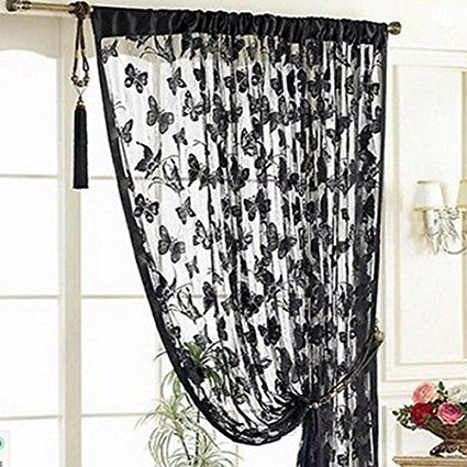 New Door Curtain Window Butterfly Pattern Tassel String Room Curtain Divider Scarf (black)