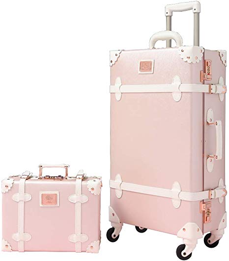 Travel Vintage Luggage Sets Cute Trolley Suitcases Set Lightweight Trunk Retro Style for Women Elegant Pink 26"