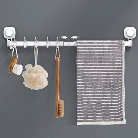 LUXEAR Suction Cup Towel Bar, 24 inches Adjustable Towel Rack Holder, No Drill & Removable Bathroom Towel Holder with 5 Sliding Hooks, Wall Mounted Towel Hanger for Shower Room, Kitchen, Door, White