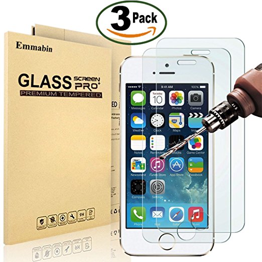 [3 Pack] iPhone 5 5S 5C SE Screen protector, Emmabin 0.26mm 9H Tempered Glass Shatterproof Screen Protector Anti-Shatter Film for iPhone 5 5S 5C SE 4" inch