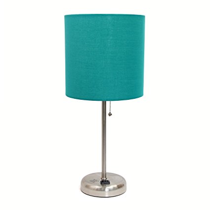 Limelights LT2024-TEL Brushed Steel Lamp with Charging Outlet and Fabric Shade, Teal