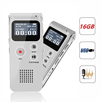 Digital Voice Recorder, Portable Recorder, Multifunctional Rechargeable Dictaphone, FlatLED Audio Voice Recorder Dictaphone, MP3 Music Player with Mini USB Port and Color LCD display, 16GB (Silver)