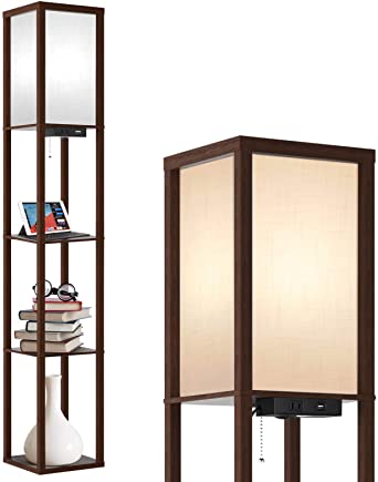 Outon Floor Lamp with Shelves, LED Column Modern Floor Lamp with USB Port & Power Outlet, Display Storage Wood Standing Lamp with White Linen Texture Shade for Living Room, Bedroom, Office (Walnut)