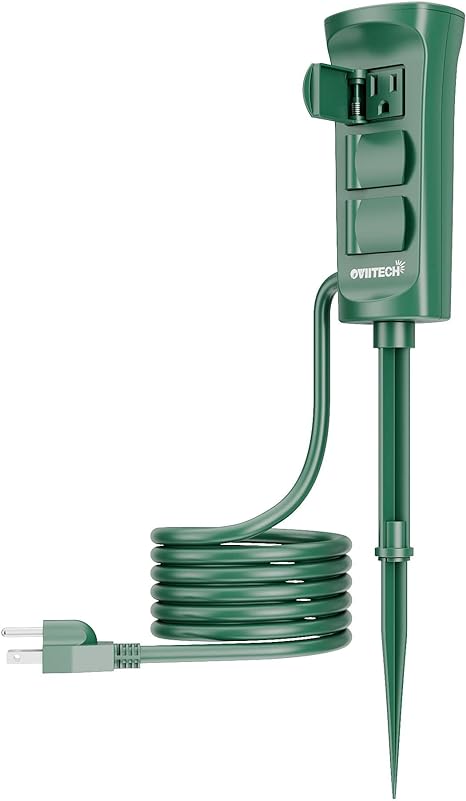 oviitech Outdoor Power Strip with 6-Foot Extension Cord, 3-Outlet Outdoor Yard Power Stake with Protective Covers and ON/Off Switch, ETL Certified, Green