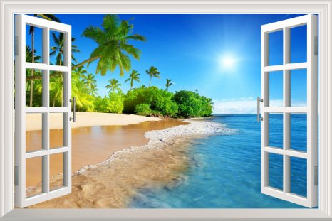 Wall26® White Beach with Blue Sea and Palm Tree Open Window Mural Wall Decal Sticker - 36"x48"