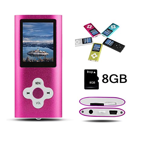 Btopllc MP3 / MP4 Player with 8GB card, Digital Music Player, Portable, Lossless, Rechargeable Music Video Player, Sound Voice Recording Music Player Picture View, Headphone and USB Cable - (Pink)