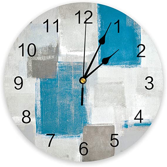 YOKOU Round PVC Wall Clock, Blue and Gray Smear Abstract Art Graffiti Silent Non-Ticking Quartz Battery Operated Wall Clock for Living Room Bedroom Home Office School, 9.8"