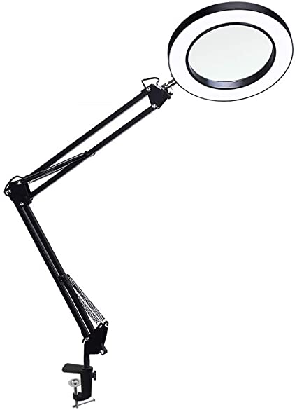 YOUXIU LED Magnifying Glass Desk Lamp with Clamp, 10 Levels Dimmable, 3 Color Modes,5X Magnification,Adjustable Swivel Arm Lighted Magnifier Light for Close Work Craft & Reading (Black)