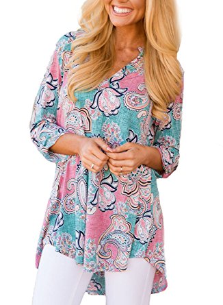 Dokotoo Women Casual Split V Neck Cuffed Sleeve Floral Print Blouses Tops (9 Floral Pattern)