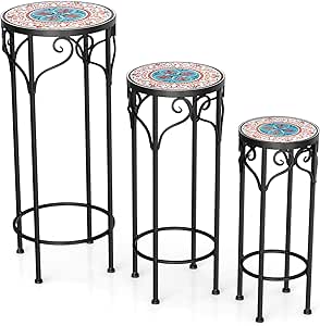 Giantex Metal Plant Stand Set of 3, 28" Mosaic Tall Flower Stand with Ceramic Top, Round Tile Nesting Display Side Table, Indoor Outdoor Flower Holder for Wedding Party Patio Living Room