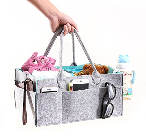 Baby Diaper Caddy Grey Felt Nursery Changing Table Tote Lightweight Car Organizer Bag Foldable Toy Storage Bin Gift Basket for Boys & Girls