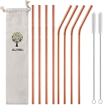 ALINK 10.5" Long Reusable Rose Gold Metal Drinking Straws with Silicone Covers, 8-Pack Stainless Steel Straws for 30oz / 20oz Yeti/Rtic Tumblers with Cleaning Brush and Carrying Case