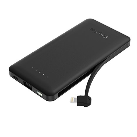 EasyAcc 6000mAh MFi Slim Compact Power Bank, Built-in MFi Cable for Apple Lightning Devices, iPhones, iPads, iPods, and USB Port for Universal USB devices