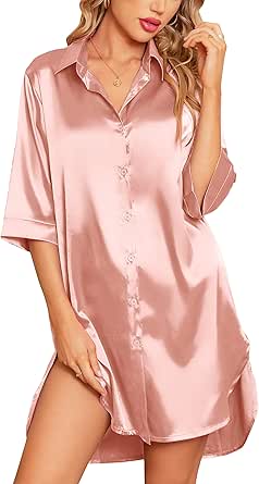 Samring Women's Silk Nightgown 3/4 Sleeve Nightshirt Button Down Sleepshirt Satin Night Gowns for Women Sleepwear