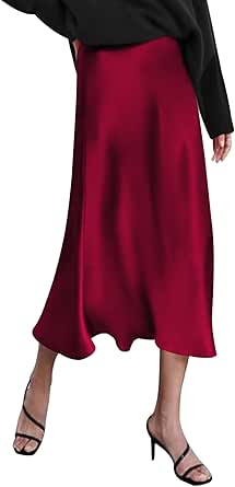 Zeagoo Womens Satin Skirts Casual Silk Midi Skirt High Waisted Long Skirts Zipper Elegant Work Skirts