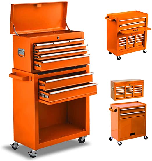 8-Drawer Tool Chest Tool Box,High Capacity Rolling Tool Chest Tool Storage Cabinet with 4 Wheels, 2 in 1 Large Toolbox Tool Organizer with Lockable Drawer,Garage,Workshop (orange)