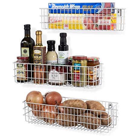 Wall35 Kansas Wall Mounted Kitchen Storage Metal Wire Fruit Basket Varying Sizes, Set of 3, White