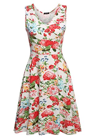 Bluetime Women's Sleeveless V Neck Casual Slim Flared Floral A-Line Dress