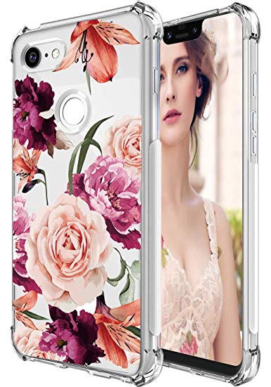 Google Pixel 3 XL Case,Pixel 3 XL Case with Flower,LUOLNH Slim Shockproof Clear Floral Pattern Soft Flexible TPU Back Cover for Google Pixel 3 XL (Purple)