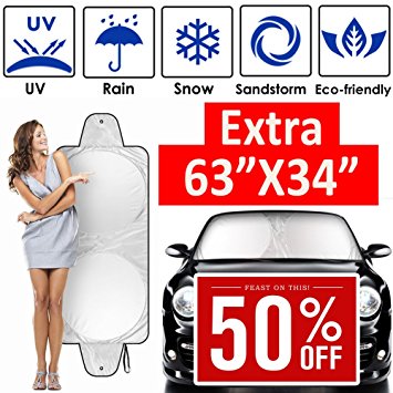ANTOER Car Sun Shade Travel Pouch, Large Sizes Windshield Sun Shade With 2 Ears Block Out 99% UV Rays Heat & Snow Car SunShade Keep Automobile Cool Easy to use 63”x34”
